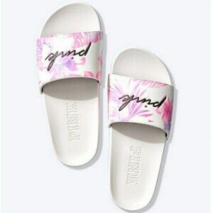 Victoria's Secret PINK Large 9-10 White Purple Floral Slides Sandals Slippers